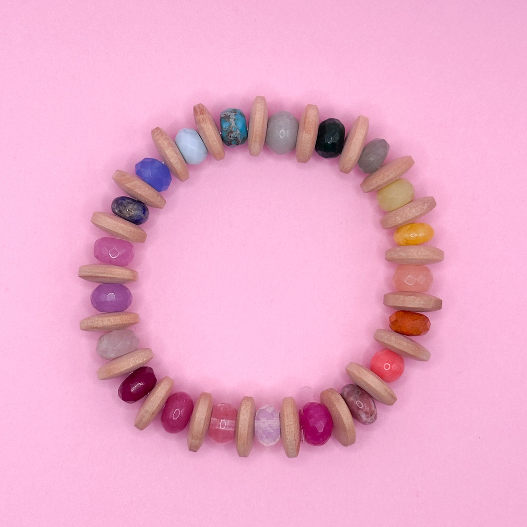 Wood + Rainbow Gem Bracelet