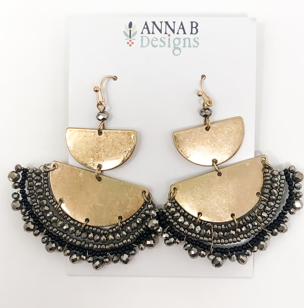 Leah Beaded Fan Earrings | Black and Metallic Silver