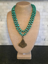 Green Beaded Necklace with Brass Pendant
