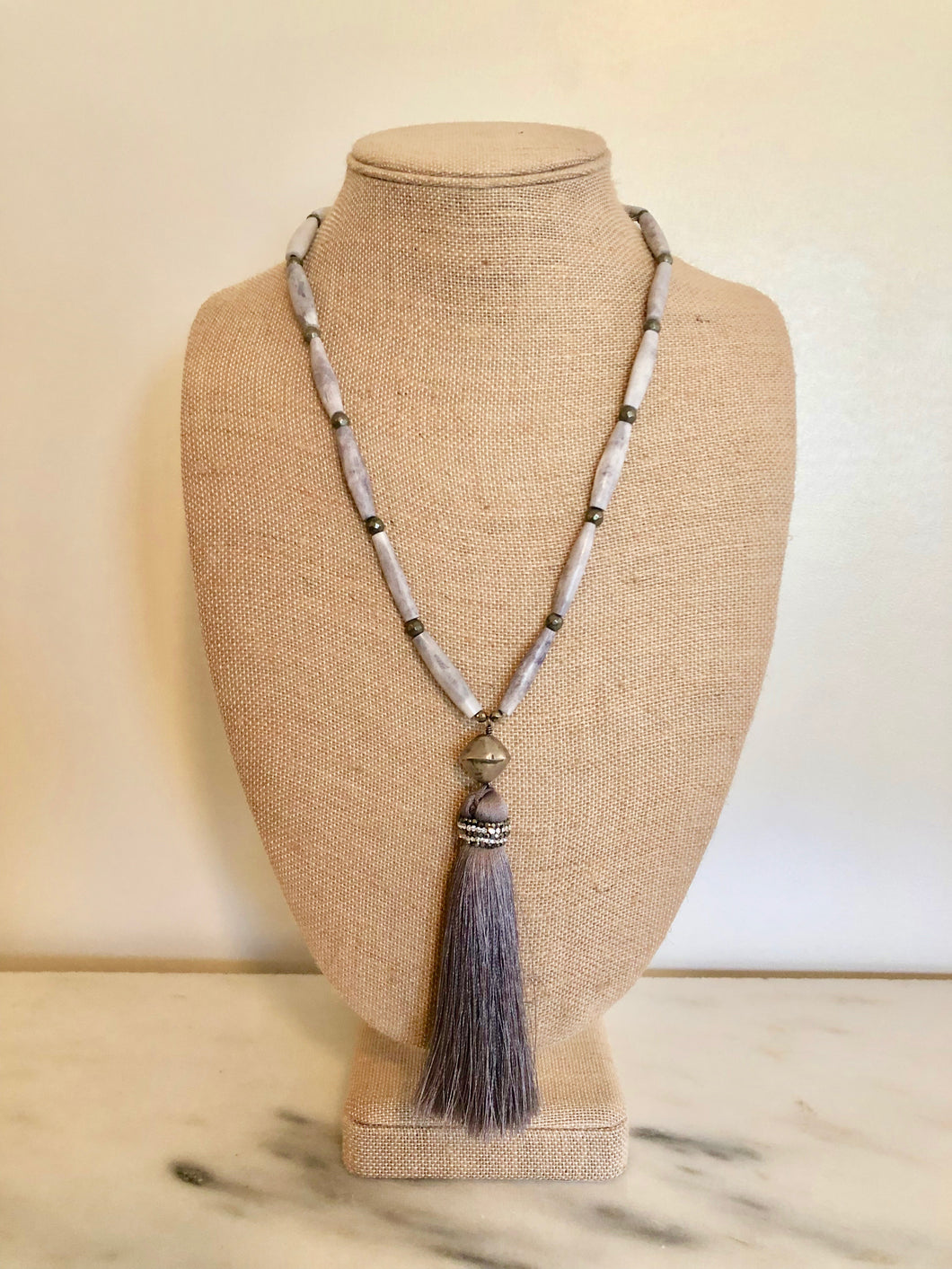 Bone Beaded Necklace with Silky Tassel