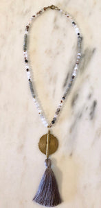 Gray Agate Beaded Necklace With Large Silky Tassel