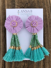 Raffia Flower Earrings- Lilac, Green, Aqua