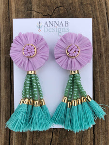 Raffia Flower Earrings- Lilac, Green, Aqua