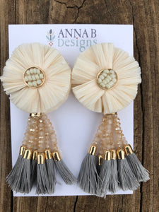 Raffia Flower Earrings- Ivory, Blush, Gray