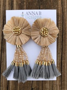 Raffia Flower Earrings-Champagne, Blush, Gray