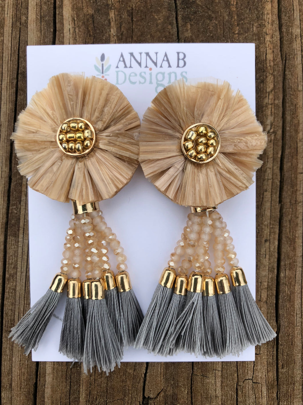 Raffia Flower Earrings-Champagne, Blush, Gray