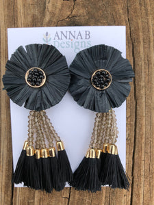 Raffia Flower Earrings- Black, gray, and black