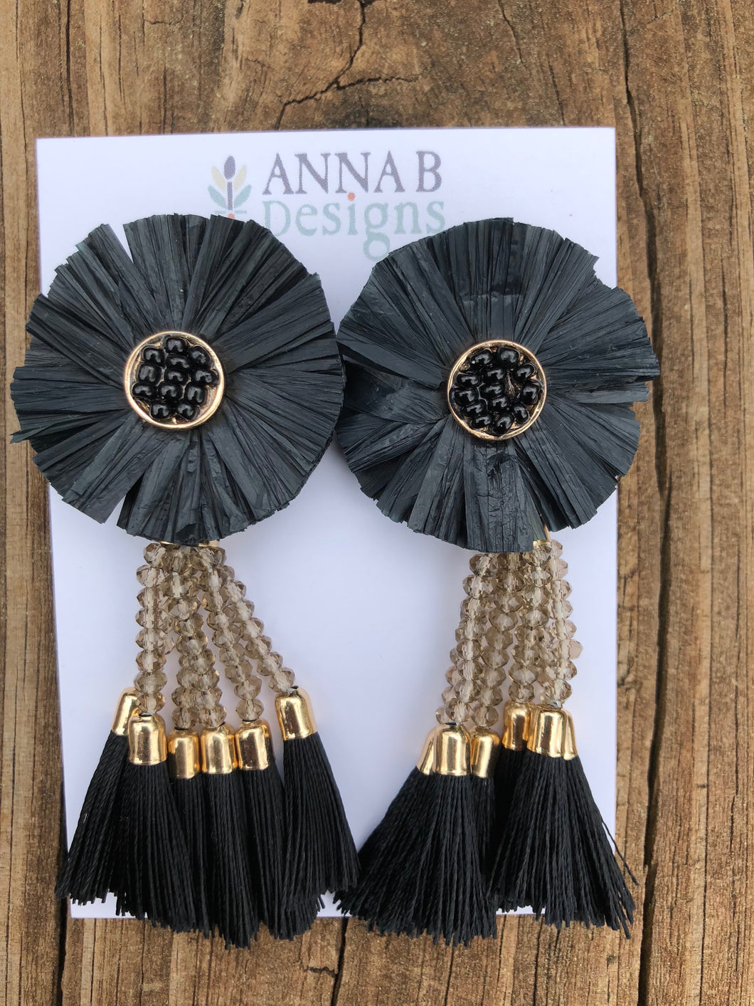 Raffia Flower Earrings- Black, gray, and black
