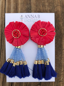 Raffia Flower Earrings-Red, Light Blue, Blue