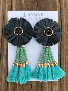 Raffia Flower Earrings- Black, Green, Aqua