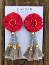 Raffia Flower Earrings- Red, Light Blue, Gray
