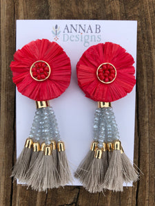 Raffia Flower Earrings- Red, Light Blue, Gray