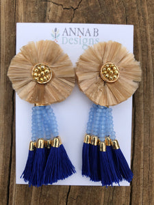 Raffia Flower Earrings- Champagne, Light Blue, Blue