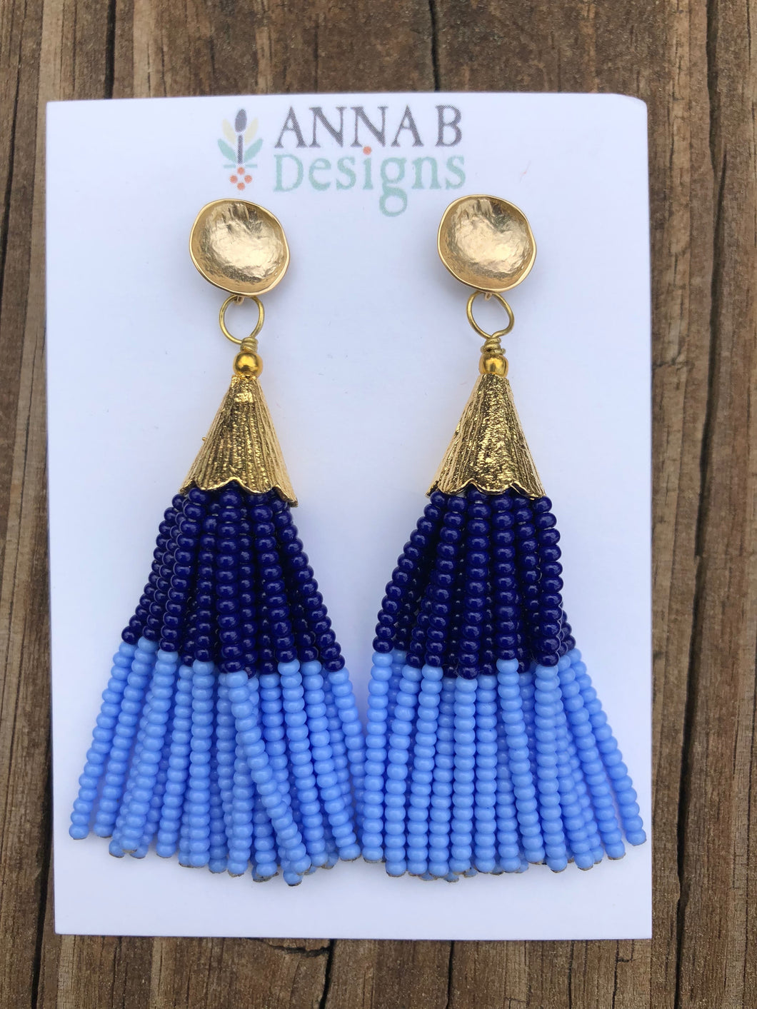 Beaded Tassel Earrings- Navy + Periwinkle