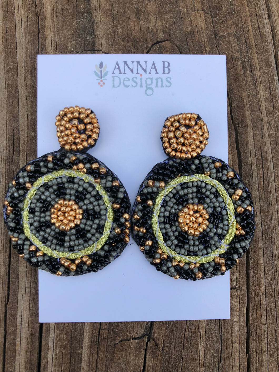 Beaded Stud Earrings-Black + Gold