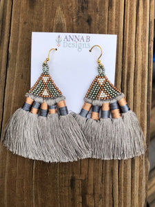 Beaded Silky Tassel Earrings- Gray