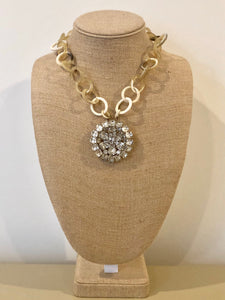 Buffalo Horn Necklace with Vintage Rhinestone Pendant