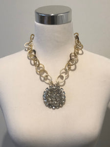 Buffalo Horn Necklace with Vintage Rhinestone Pendant