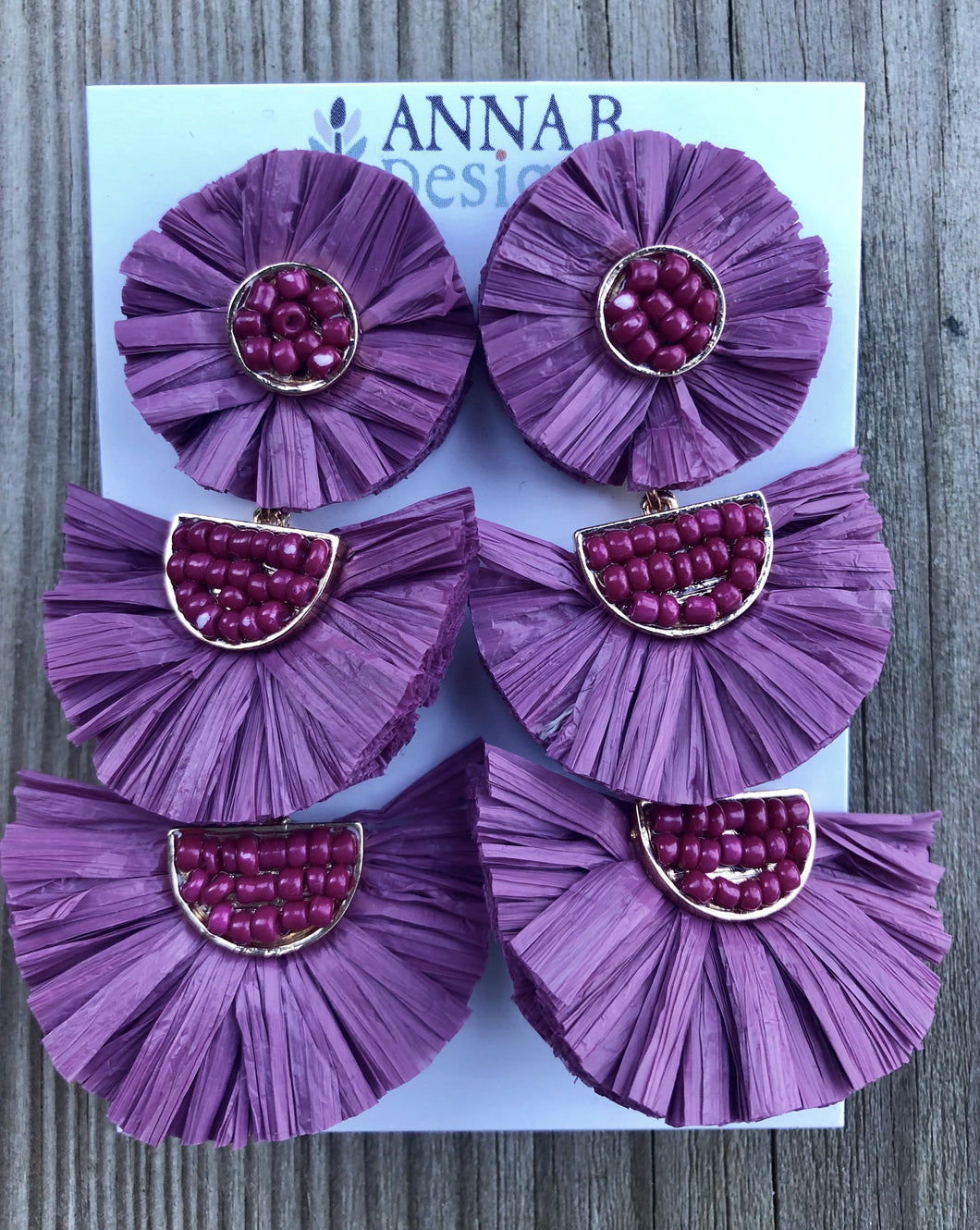 Triple Raffia Floral Earrings-Plum