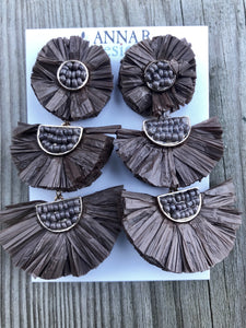 Triple Raffia Floral Earrings-Chocolate