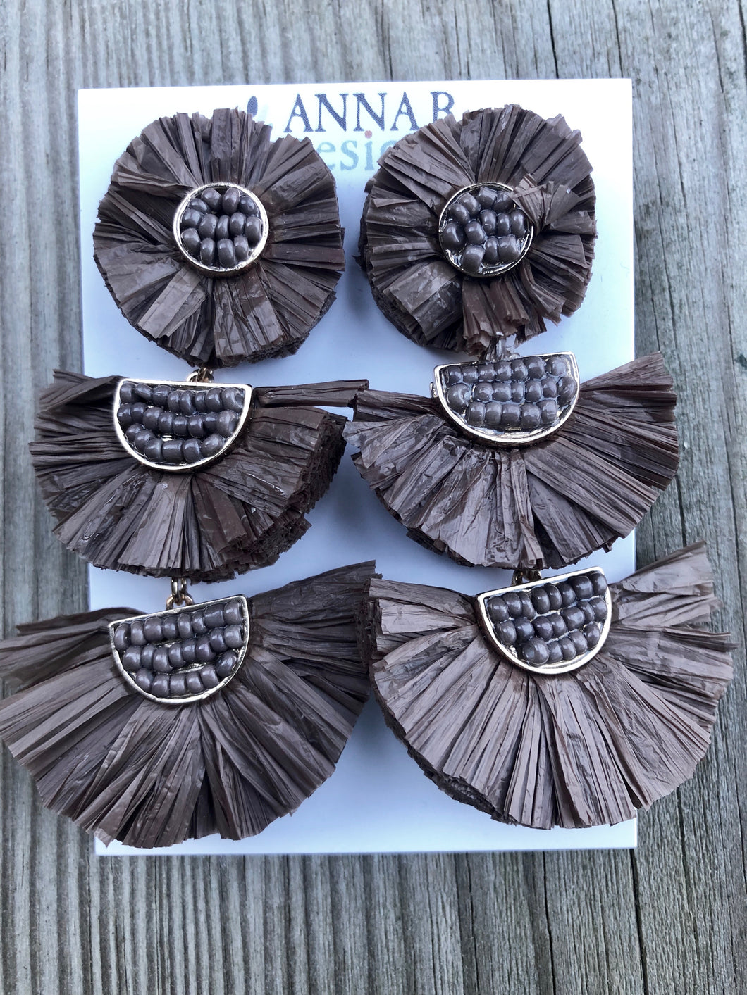 Triple Raffia Floral Earrings-Chocolate