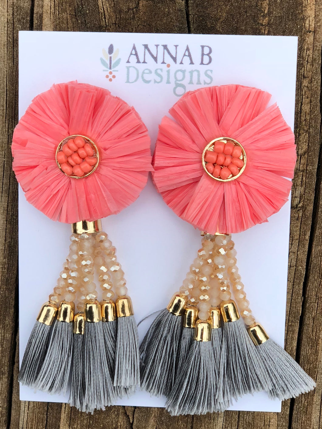 Raffia Flower Earrings- Pink, Blush, Gray