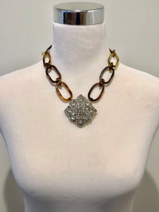 Buffalo Horn Necklace with Vintage Rhinestone Pendant