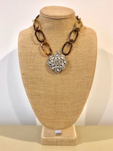 Buffalo Horn Necklace with Vintage Rhinestone Pendant