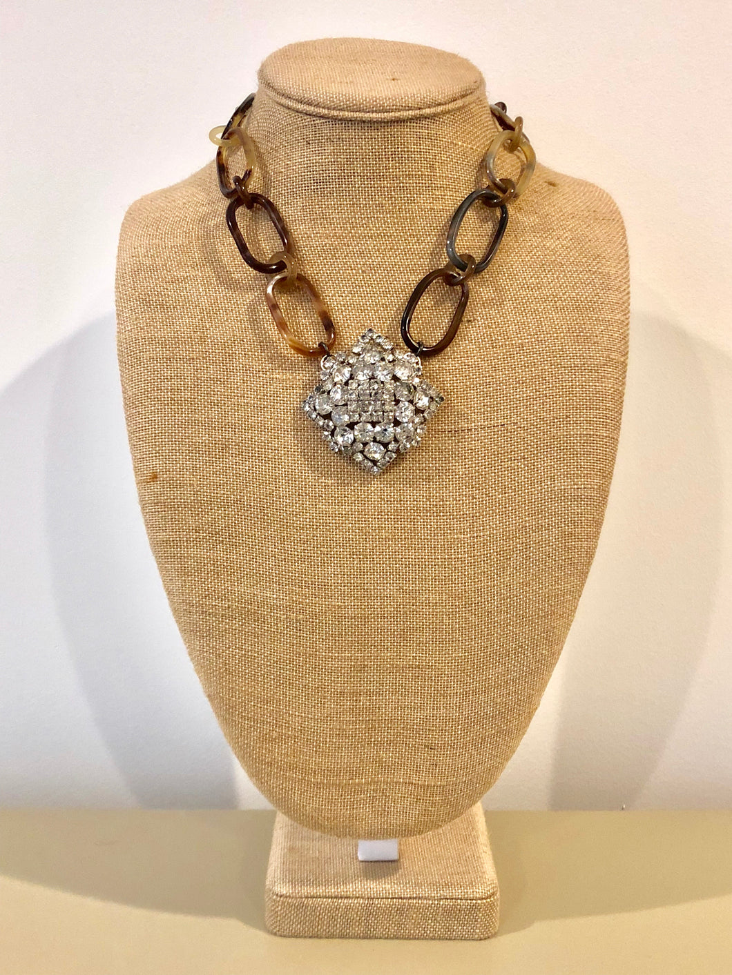 Buffalo Horn Necklace with Vintage Rhinestone Pendant