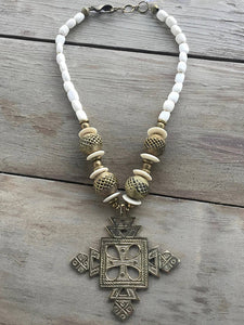 Bone and Brass Beaded Necklace- Cream