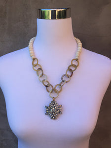 Vintage brooch with Buffalo Horn and Bone Beaded Necklace