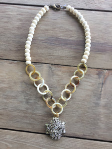 Vintage brooch with Buffalo Horn and Bone Beaded Necklace