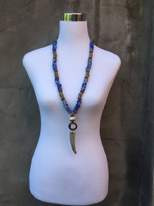 Blue Glass Necklace with Antler Tip Pendant