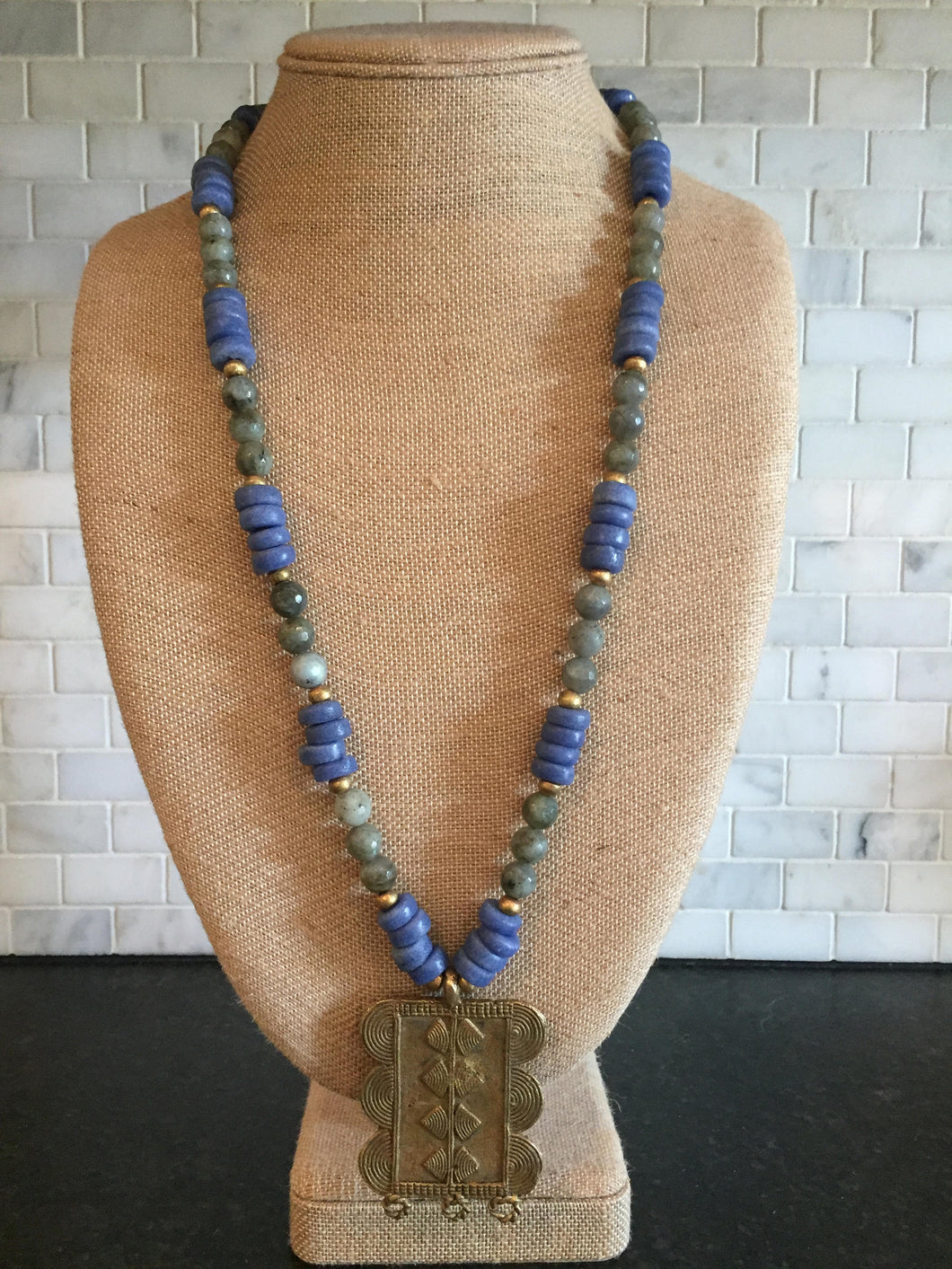 Labradorite and African glass beaded necklace with brass pendant