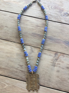 Labradorite and African glass beaded necklace with brass pendant