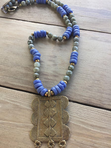 Labradorite and African glass beaded necklace with brass pendant