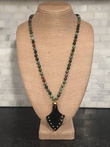 Jasper Knotted Necklace with Horn Pendant