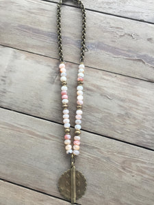 Pink Agate Necklace with African Brass Medallion