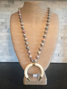Rolled Paper Bead Necklace with Crescent Bone Pendant