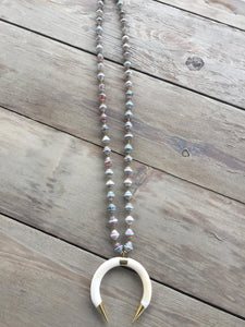 Rolled Paper Bead Necklace with Crescent Bone Pendant