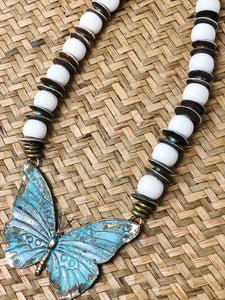 Coral and Bone necklace with Butterfly pendant