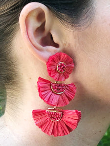 Triple Raffia Floral Earrings-Gray