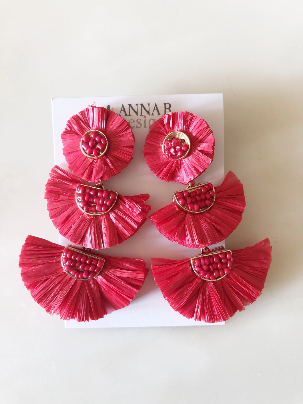 Triple Raffia Floral Earrings-Red