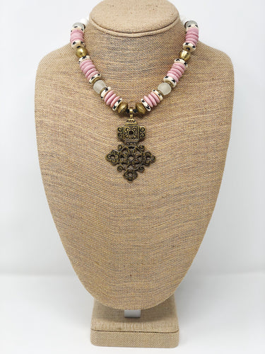 African Glass Beaded Necklace | Pink