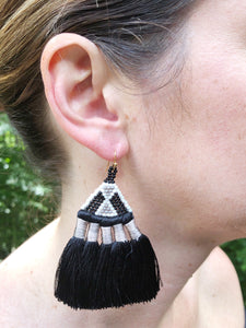 Beaded Silky Tassel Earrings- Gray