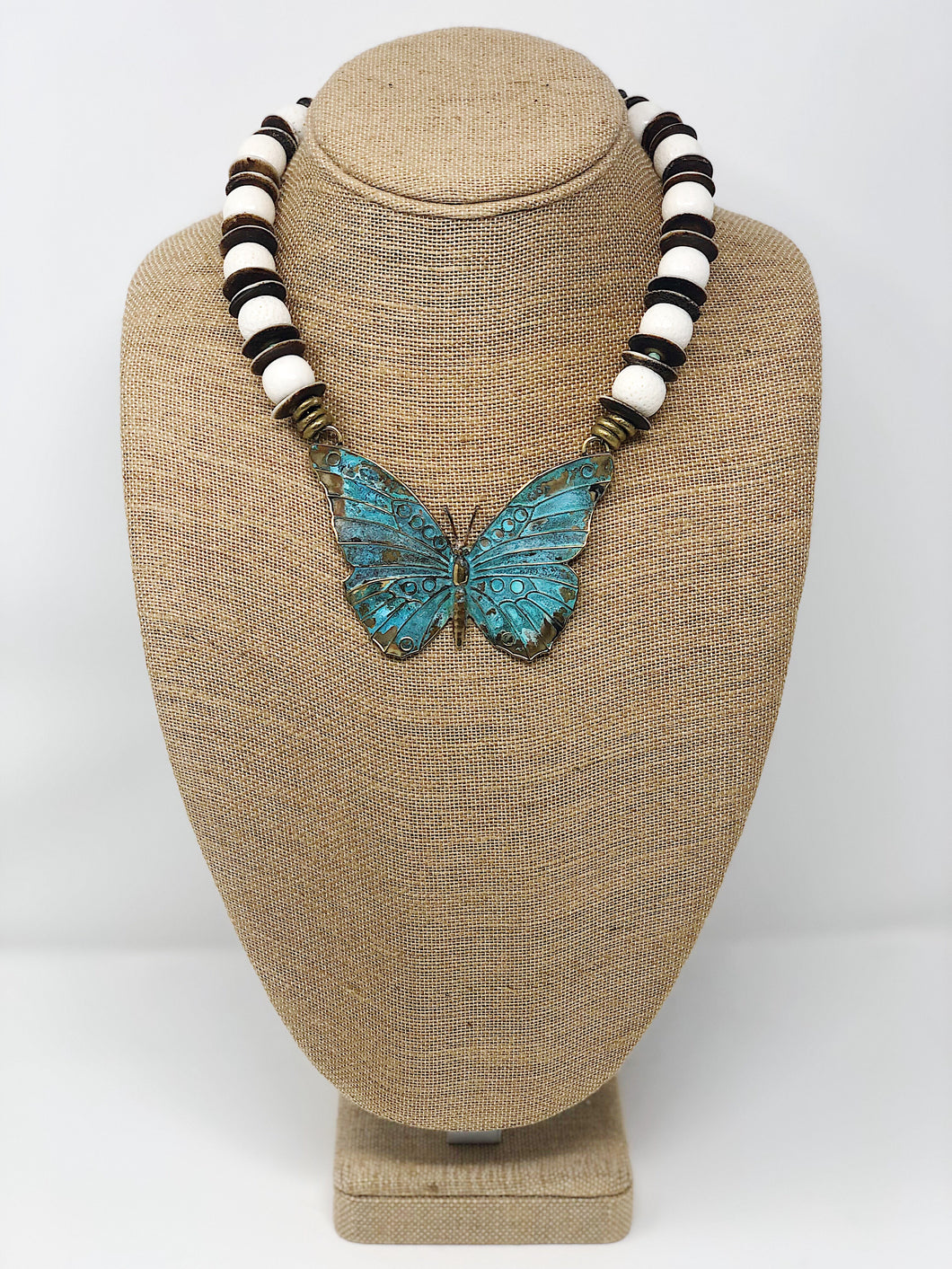 Coral and Bone necklace with Butterfly pendant