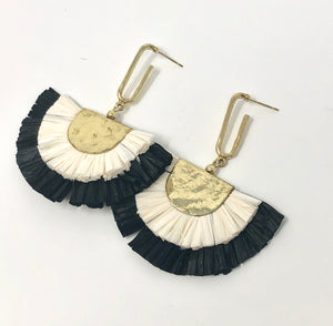 Double Raffia Fan Earrings- Black +Cream