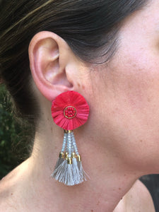 Raffia Flower Earrings- Red, Light Blue, Gray