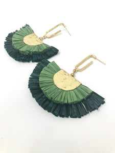 Double Raffia Fan Earrings- Green