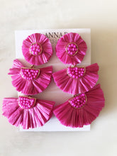 Triple Raffia Floral Earrings-Pink